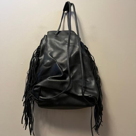 Victoria’s Secret Black Faux Leather Fringe Backpack Boho Shoulder Bag - Picture 3 of 3